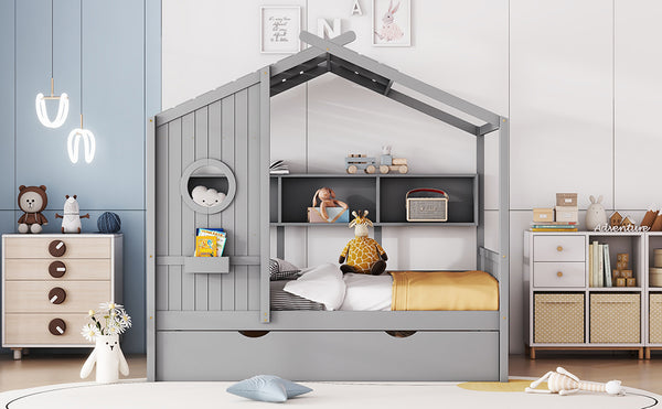 English Elm Wooden Full Size House Bed with Trundle and Built-In Shelves — Modern Pine Frame, Whimsical Roof Design Gray 57.2 L x 16.25 W x 5.9 H N733S316125E