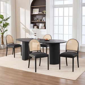 English Elm Rattan Backrest Dining Chairs Set of 2 Teddy Fabric Cushion Solid Wood Legs Kitchen Black W3244P475533