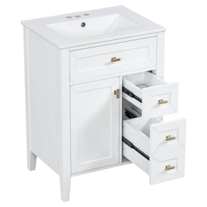 English Elm "24'' 24 Inch Glossy Freestanding Bathroom Vanity with Gold Hardware and Soft Close Storage White Rubberwood N725P448529K