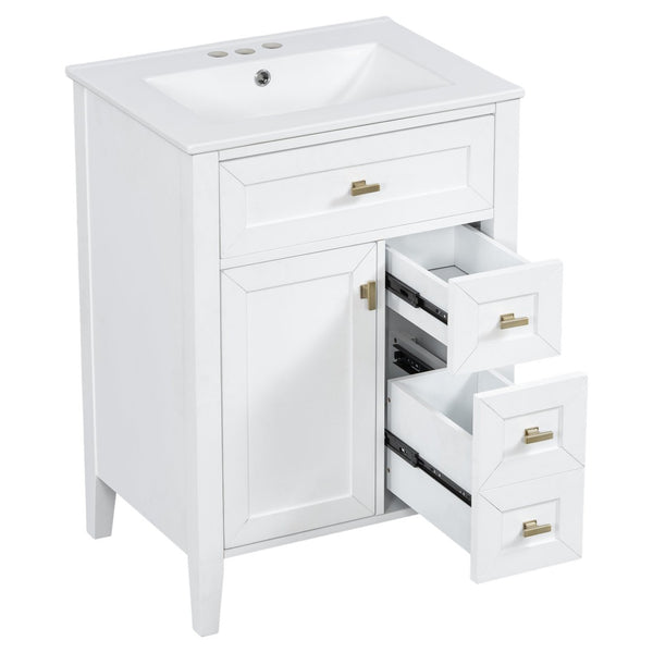 English Elm "24'' 24 Inch Glossy Freestanding Bathroom Vanity with Gold Hardware and Soft Close Storage White Rubberwood N725P448529K