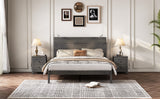 English Elm 3-Pieces Bedroom Sets, Queen Size Farmhouse Platform Bed With Two Bedside Lights, 2-Drawer Nightstand, Antique Gray