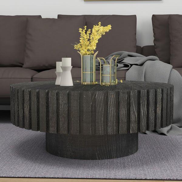 English Elm Modern Circular Black Coffee Table, 31.4-Inch Natural Wood Design For Living, Study & Dining Rooms W1727P251153