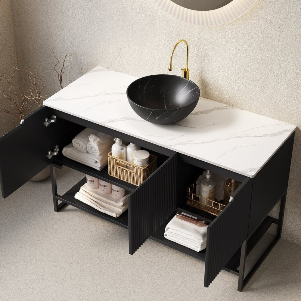 English Elm 48" Freestanding Bathroom Vanity Cabinet Sintered Stone Top Woodgrain Finish Open Shelf W2615S00569
