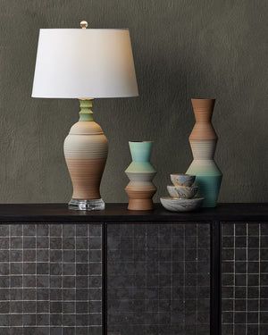 Currey & Company Happy 80's Retro Table Lamp With Earthy Brown & Pale Blue Striations, Unique Design & Crystal Finial Brown Porcelain ,Optic Crystal 6000-1024-currey-company