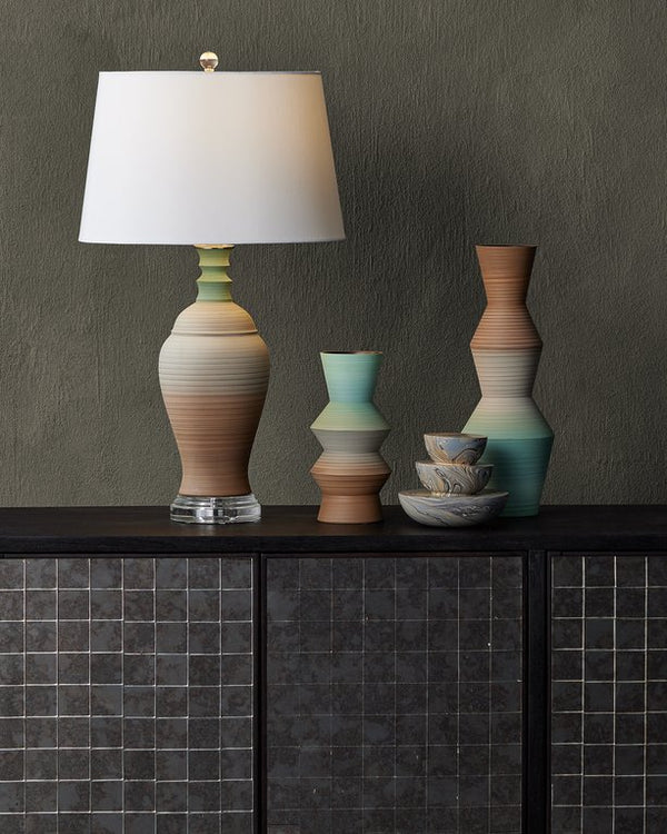 Currey & Company Happy 80's Retro Table Lamp With Earthy Brown & Pale Blue Striations, Unique Design & Crystal Finial Brown Porcelain ,Optic Crystal 6000-1024-currey-company