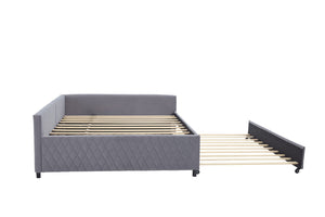 English Elm Upholstered Velvet Daybed with Pull Out Trundle Diamond Tufted Guest Bedroom Sofa Grey W1361S00067