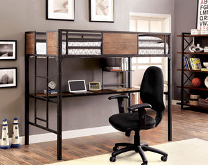 English Elm Metal Industrial Bunk Bed Twin Over Workstation with Wood Panels, Nailhead Trim, Built-In Ladder, Black Finish B2741P353089