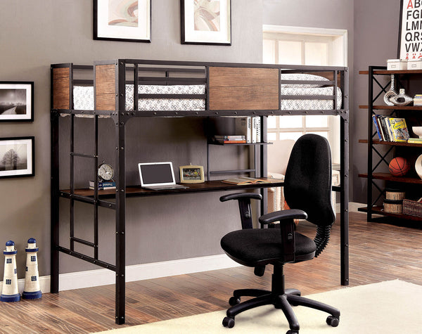 English Elm Metal Industrial Bunk Bed Twin Over Workstation with Wood Panels, Nailhead Trim, Built-In Ladder, Black Finish B2741P353089