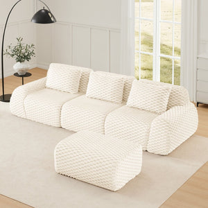 English Elm 114" Modular L-shaped Sectional Flannelette Sofa with Ottoman for Spacious Living Rooms Cream W714S01519