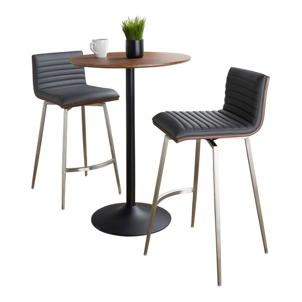 English Elm - Mid-century Modern 3 Piece Counter Bar Set Swivel Stools Walnut Faux Leather Grey B202S01417