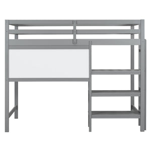 English Elm Twin Loft Bed with Built-in Desk Shelving and Dry-erase Board for Kids Rooms Gray LT100320AAE