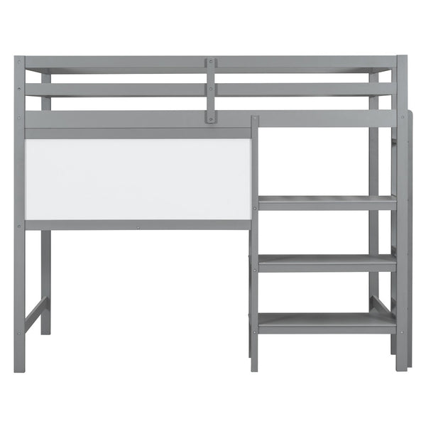 English Elm Twin Loft Bed with Built-in Desk Shelving and Dry-erase Board for Kids Rooms Gray LT100320AAE