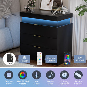 English Elm Nightstand with Built-in Charging Station Rgb Led Lighting and Sliding Top Drawer Black W1162P246397