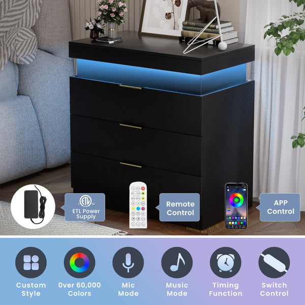 English Elm Nightstand with Built-in Charging Station Rgb Led Lighting and Sliding Top Drawer Black W1162P246397