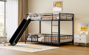 English Elm Twin Twin over Twin metal bunk bed with slide, guardrails and convertible loft design for safety and playfulness Black SF000169AAB