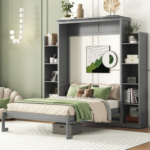 English Elm Full Size Murphy Wall Bed with Led Lighting Open Shelves Space Saving Cabinet Gray LP000694AAE-2