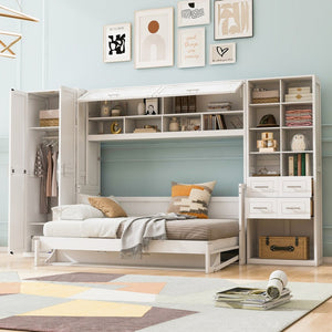 English Elm Full Size Murphy Wall Bed with Wardrobe Drawers Shelving for Studio Apartments LP000383AAK