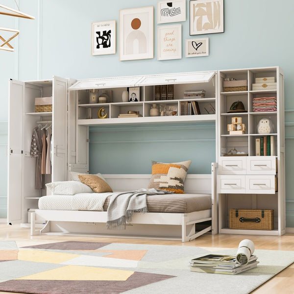 English Elm Full Size Murphy Wall Bed with Wardrobe Drawers Shelving for Studio Apartments LP000383AAK