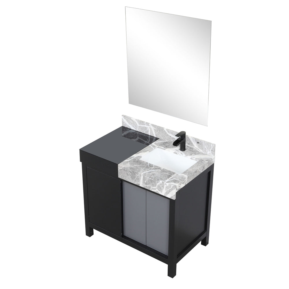 English Elm Black And Grey 36-Inch Bath Vanity Set With Castle Grey Marble Top, Matte Faucet, And Mirror Included B2731S01349