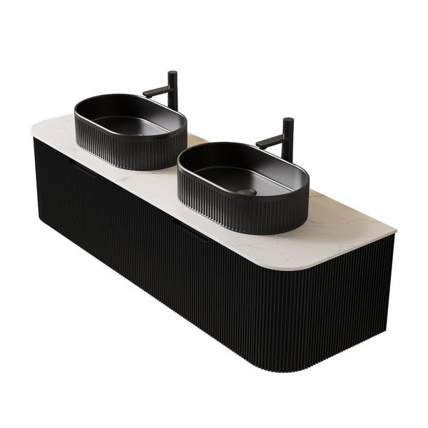 English Elm Dina 60 Inch Floating Bathroom Vanity Sintered Stone Top Dual Glass Basins Wood Grain Black,Carrara White W2615S00200