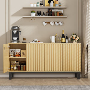 English Elm Sideboard Fluted Credenza with Soft Close Doors Walnut Finish Mid Century Storage T3773P417322