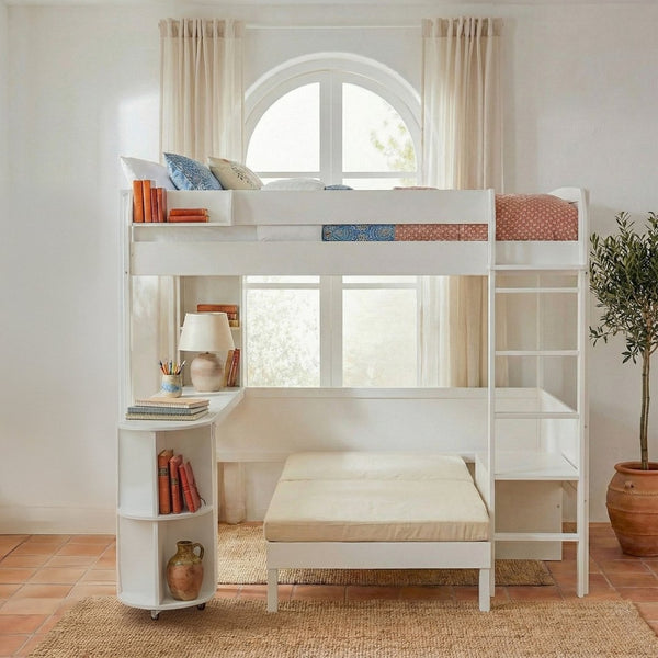 English Elm Full Size Loft Bed with Rotating Desk Led Lighting Sofa and Bookshelf Storage White LT000200AAK