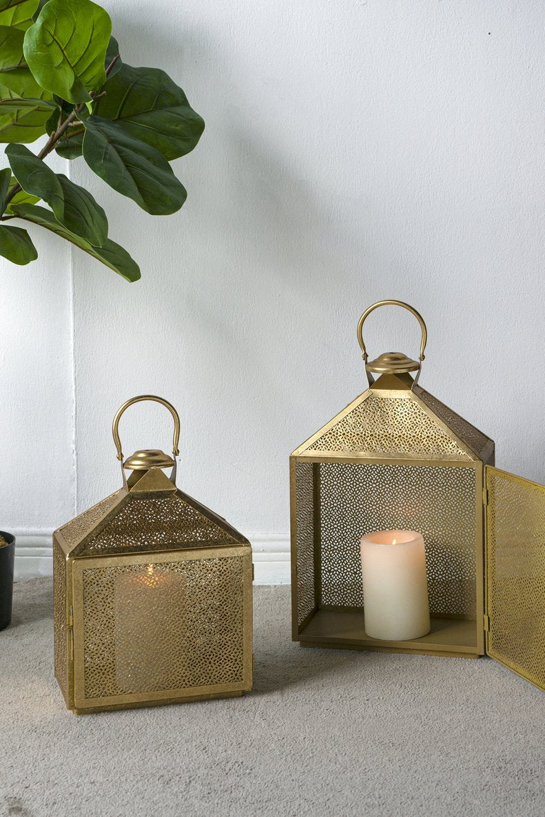 English Elm S/2 Gold Iron Lanterns Moroccan-Inspired Perforated Metal Design for Tabletop Décor, Warm Ambient Glow W2078P406624