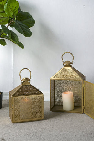 English Elm S/2 Gold Iron Lanterns Moroccan-Inspired Perforated Metal Design for Tabletop Décor, Warm Ambient Glow W2078P406624