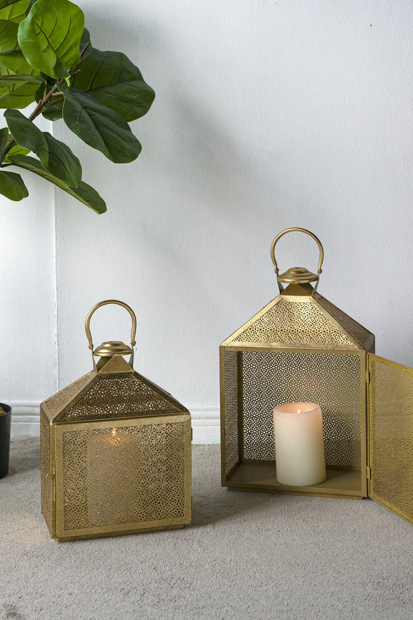 English Elm S/2 Gold Iron Lanterns Moroccan-Inspired Perforated Metal Design for Tabletop Décor, Warm Ambient Glow W2078P406624
