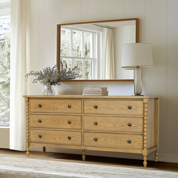 JLA Home Madison Park Signature - Large Dresser with Six Smooth-Glide Drawers, Velvet-Lined Boxes, Solid Spindle Legs, Metal Knobs, Anti-Tip Safety and 70" Width for Versatile Home Storage Natural MPS137-0325