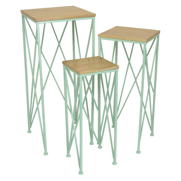 English Elm Mito Three Piece Nesting Plant Stand Set with X Cross Metal Base and Wood Tops Brown+Green B056P416914