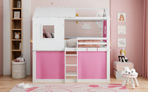 English Elm Twin Treehouse Bunk Bed Solid Pine Playhouse Frame with Cozy Canvas Tent Hideaway LT000379AAH-1