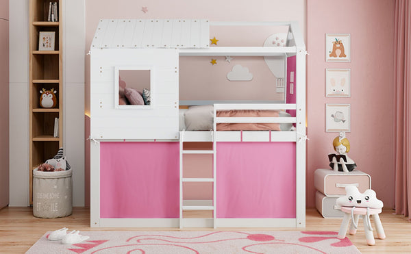 English Elm Twin Treehouse Bunk Bed Solid Pine Playhouse Frame with Cozy Canvas Tent Hideaway LT000379AAH-1