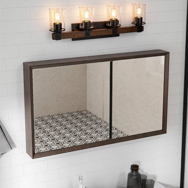 English Elm 4-light Industrial Farmhouse Vanity Bar Wood Backplate Matte Black Clear Glass Bath T3963P458336
