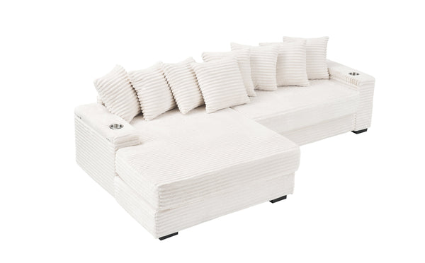 English Elm 111.4-inch corduroy L-shaped sofa with reversible chaise, armrest cup holders, lockers, sturdy frame Beige W1278S00103