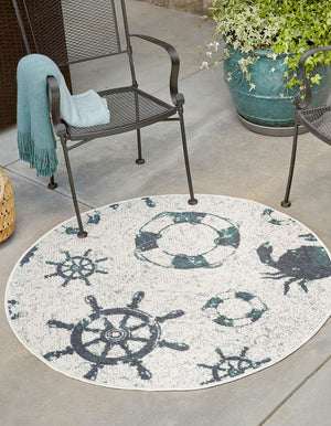 Unique Loom Outdoor Coastal Marmaris Machine Made Solid Print Rug Ivory, Navy Blue/Green 7' 1" x 7' 1"