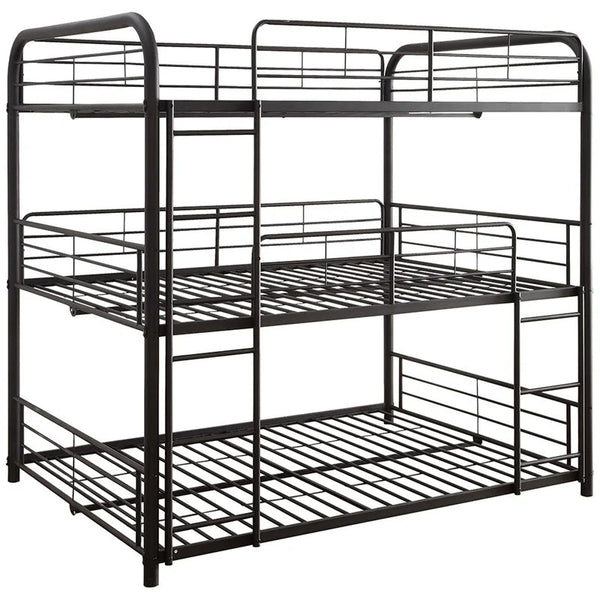 English Elm Full Triple Decker Bed with Two Ladders, Metal Guard Rails & Sturdy Full Metal Frame in Sand Black Finish B2741S00346