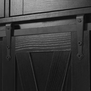 English Elm K&K 58" Farmhouse Kitchen Island with Sliding Barn Door, Drop Leaf, Glass Rack, Locking Wheels, Power Black N707P349811B