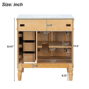 English Elm 30-inch Freestanding Bathroom Vanity Solid Wood Base Ceramic Sink Gold Hardware N729P299368N