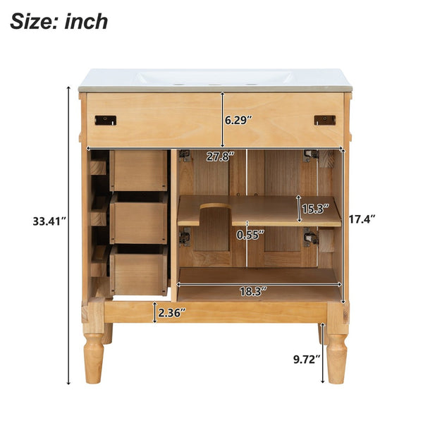 English Elm 30-inch Freestanding Bathroom Vanity Solid Wood Base Ceramic Sink Gold Hardware N729P299368N