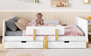 English Elm Twin Low Profile Kids Floor Bed Pine Wood Frame with Safety Rail and Built in Bookshelf Light White W1580P373244