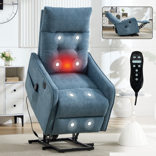 English Elm Beige Chenille Power Lift Recliner with Massage Heat and Usb for Senior Comfort Blue W1803P364113
