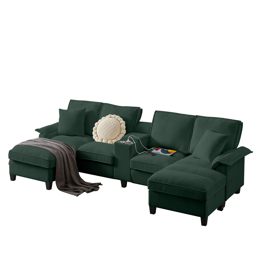 English Elm 120" Modular Corduroy Sectional Sofa Bed with Storage, U-Shaped 4-Seater, Cup Holders & Console Green W1359S00011