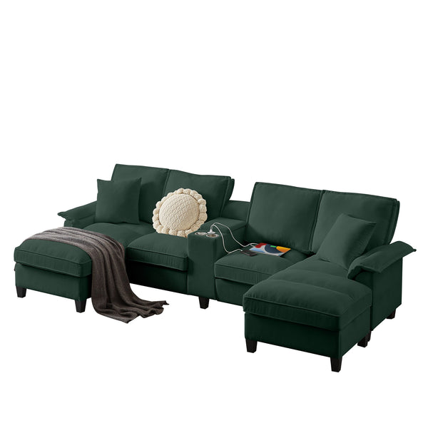 English Elm 120" Modular Corduroy Sectional Sofa Bed with Storage, U-Shaped 4-Seater, Cup Holders & Console Green W1359S00011