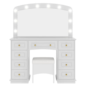 English Elm <old Sku Hollywood Vanity with 10 Bulbs 9 Drawers Cushioned Stool White Glam Bedroom N704G202308A