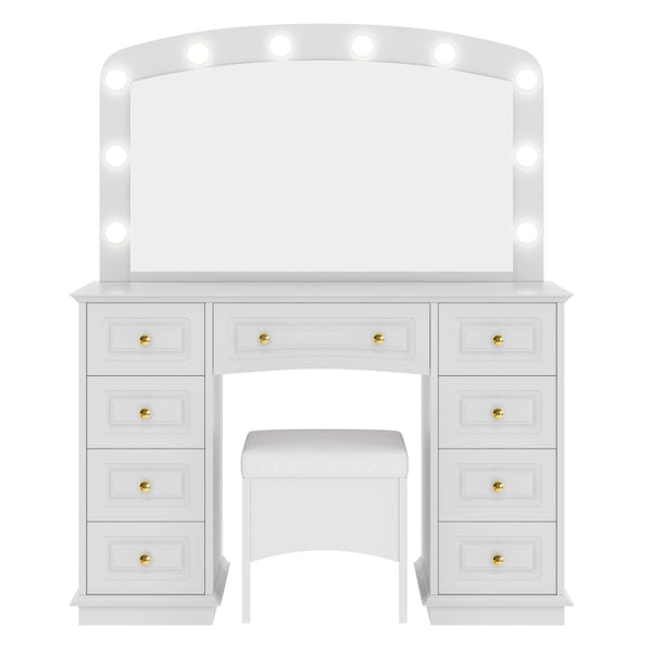 English Elm <old Sku Hollywood Vanity with 10 Bulbs 9 Drawers Cushioned Stool White Glam Bedroom N704G202308A