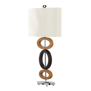 English Elm Hoops 29" Polyresin Table Lamp Set of 2 — Cedar Wood & Bronze Hoop Base, Chrome Accents, White Linen Shade B202P224120