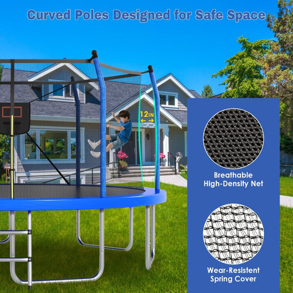 English Elm 14ft Backyard Trampoline with Led Lights Basketball Hoop and Galvanized Safety Frame N739P308480C