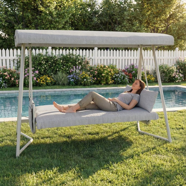English Elm 3-in-1 Outdoor Hanging Swing Bed Steel Frame 600 Lb Capacity Adjustable Canopy Patio Lounger Champagne White W3979P394109