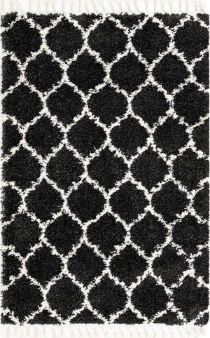 Unique Loom Hygge Shag Trellis Machine Made Trellis Rug Black and White,  5' 3" x 8' 0"